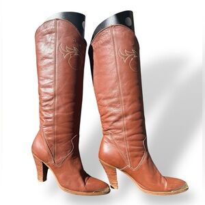 Vintage 70s Dingo Heeled Wood Stacked Leather Tarracotta Cowgirl Tall Boots 6.5